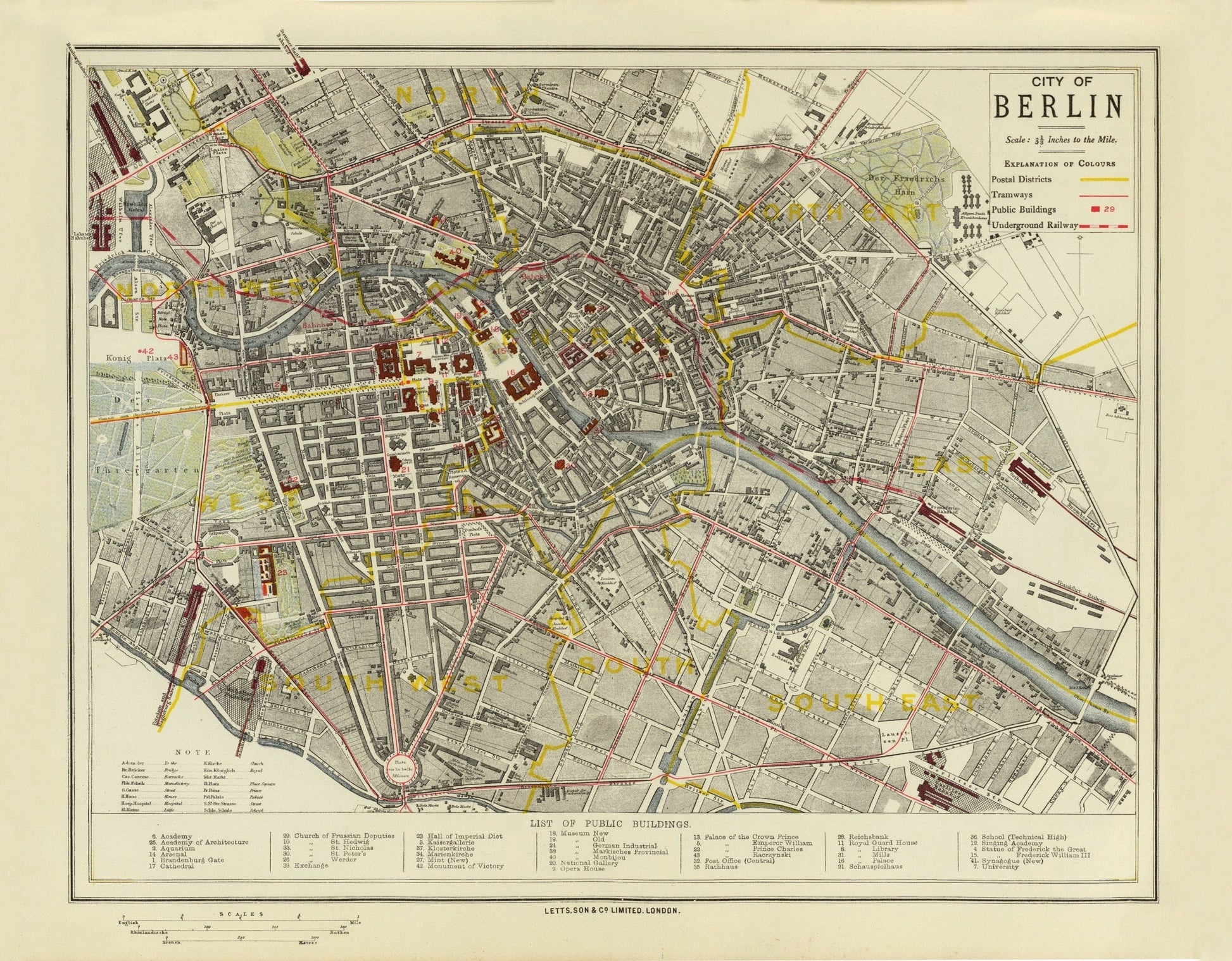 City of Berlin Map dated 1883 showing postal districts, tramways, underground railway 1883 – antique art print from Ninska Designs