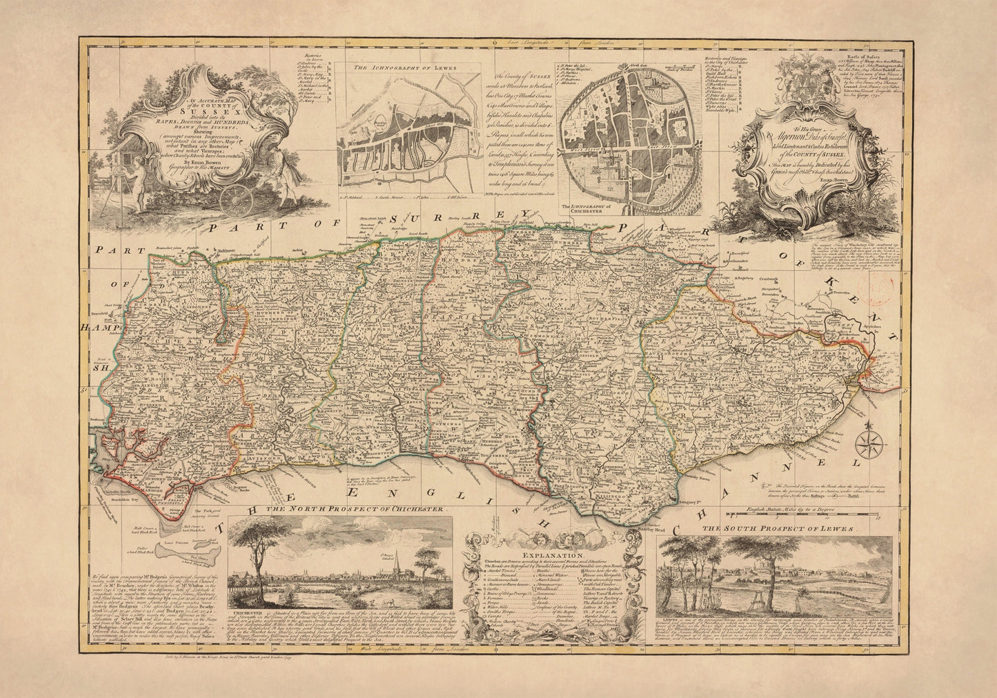 Sussex Map dated 1749 – antique art print from Ninska Designs