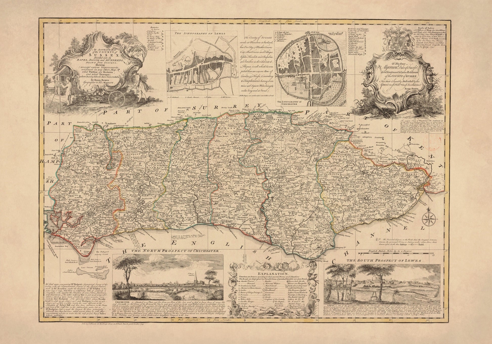 Sussex Map dated 1749 – antique art print from Ninska Designs