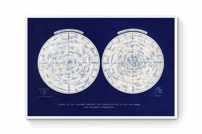 Chart of the Heavens showing the constellations in the Northern and Southern Hemispheres Antique Reproduction - Astronomy - Available Framed