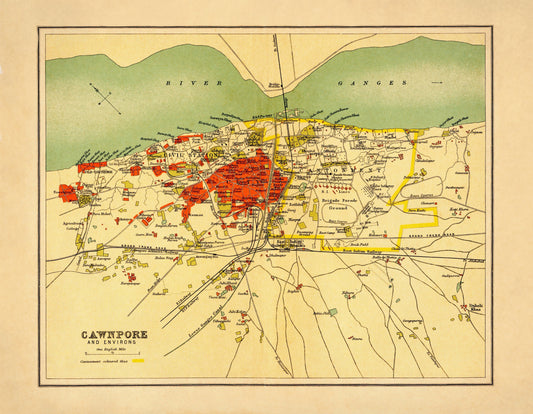 Cawnpore Map - Antique Reproduction - City Plan - Kanpur - Uttar Pradesh - India - 1908 Map - City Map - Available Framed