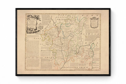 Worcestershire Map dated 1756 - Antique Reproduction - Emanuel Bowen - Detailed County Map - Available Framed