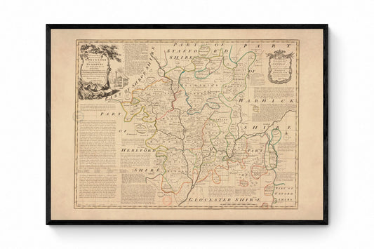 Worcestershire Map dated 1756 - Antique Reproduction - Emanuel Bowen - Detailed County Map - Available Framed