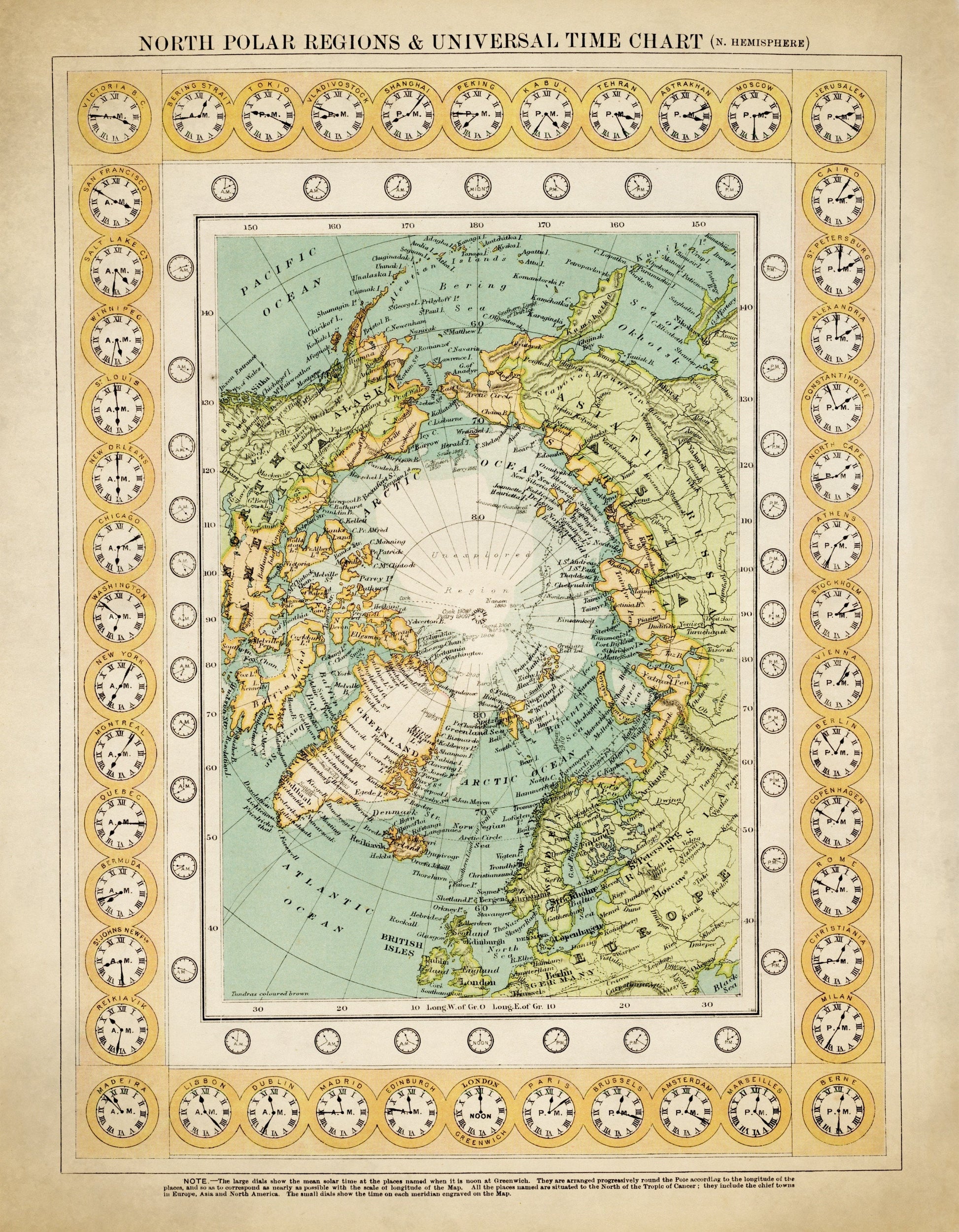 North Polar Regions and Universal Time Chart (Northern Hemisphere) dated 1909 1909 – antique art print from Ninska Designs