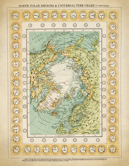 North Polar Regions and Universal Time Chart (Northern Hemisphere) dated 1909 1909 – antique art print from Ninska Designs