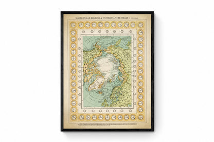 North Polar Regions and Universal Time Chart (Northern Hemisphere) dated 1909 Antique Reproduction - Arctic Exploration - Available Framed