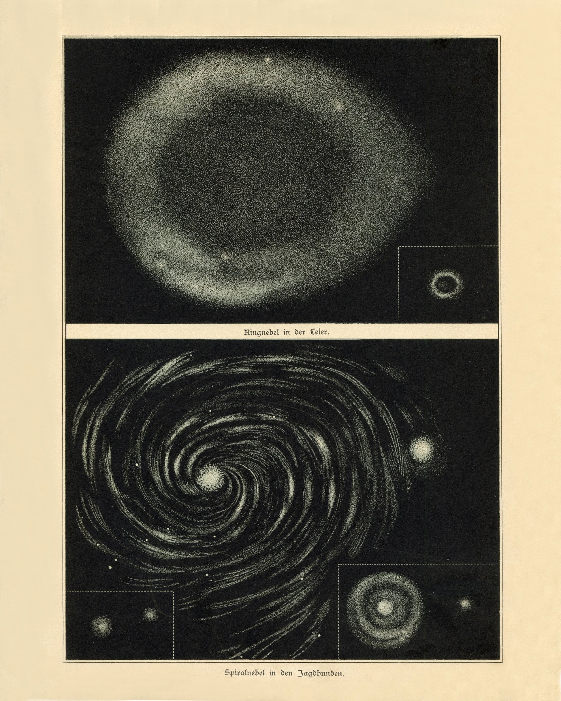 Ring Nebula and Spiral Nebula Antique Art Reproduction – antique art print from Ninska Designs