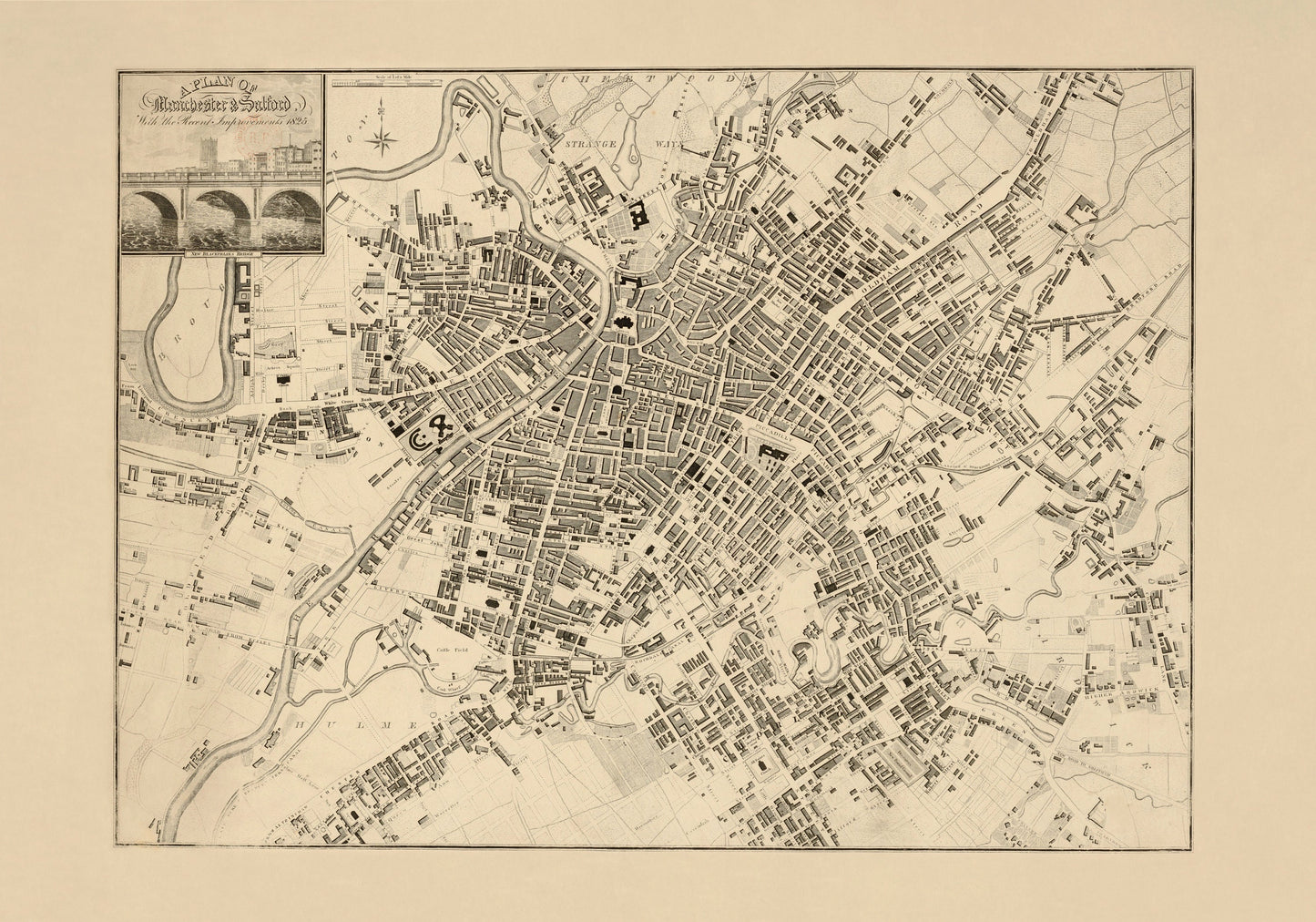 Manchester & Salford with the recent improvements, 1825 1825 – antique art print from Ninska Designs
