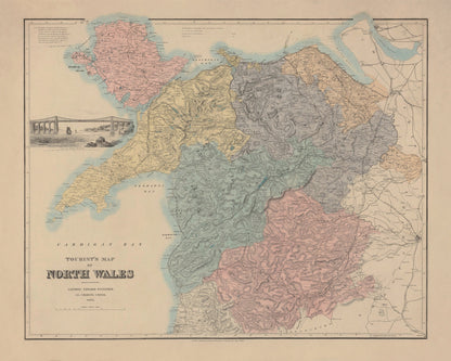 North Wales Map showing Railways, Tramways, Mail Coach Roads, Turnpike Roads 1882 – antique art print from Ninska Designs