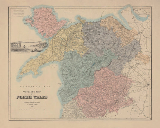 North Wales Map showing Railways, Tramways, Mail Coach Roads, Turnpike Roads 1882 – antique art print from Ninska Designs