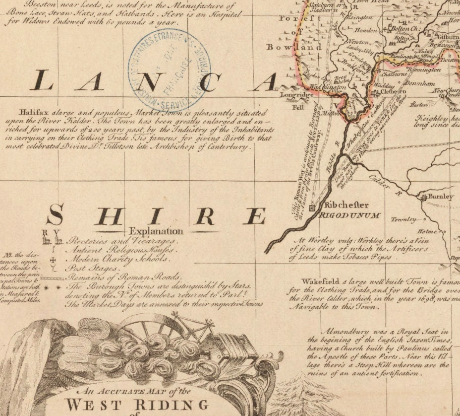 Yorkshire (West Riding) Map dated 1749 - Antique Reproduction - Emanuel Bowen - Detailed County Map - Available Framed