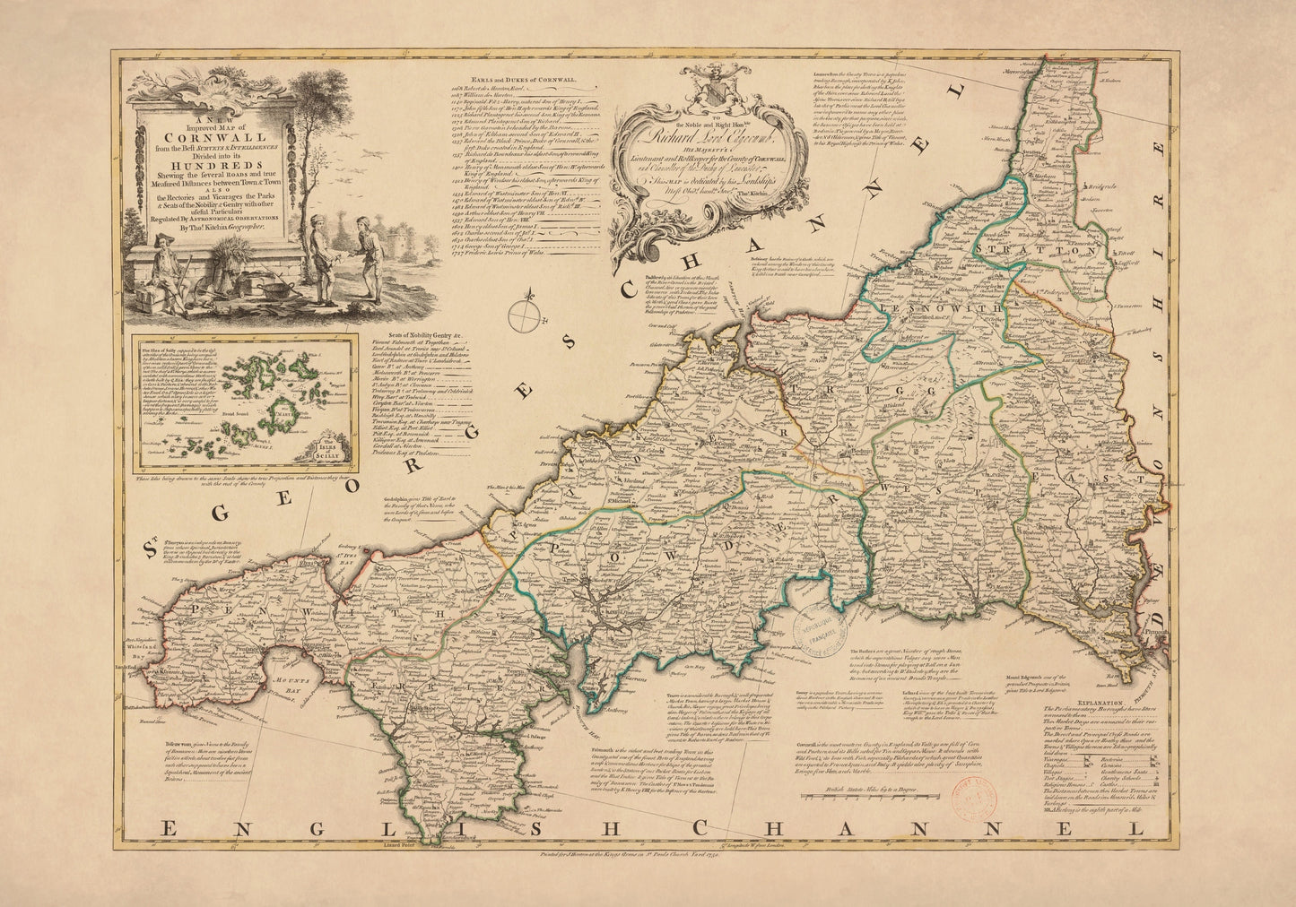 Cornwall Map dated 1750 – antique art print from Ninska Designs