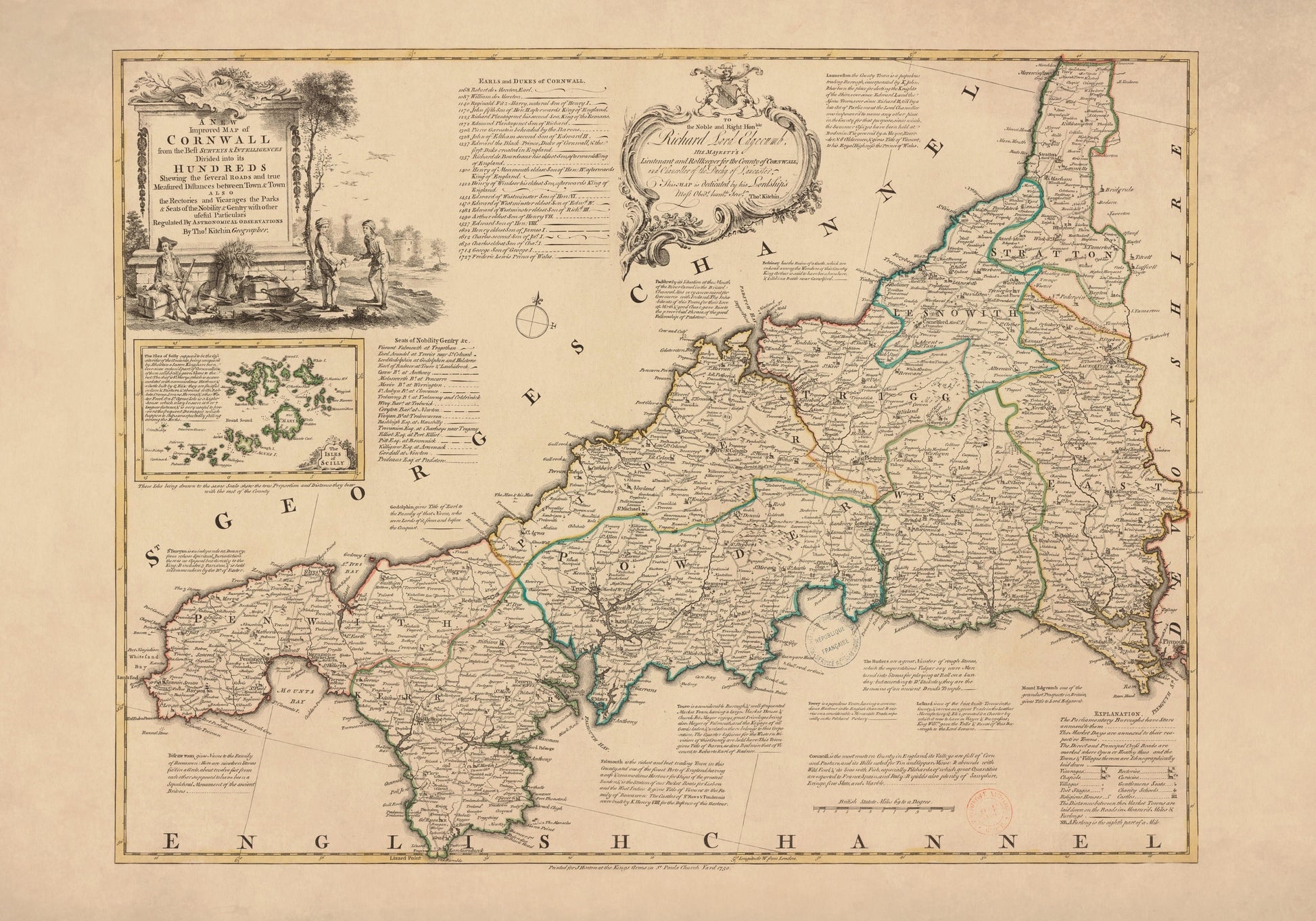 Cornwall Map dated 1750 – antique art print from Ninska Designs