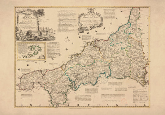 Cornwall Map dated 1750 – antique art print from Ninska Designs