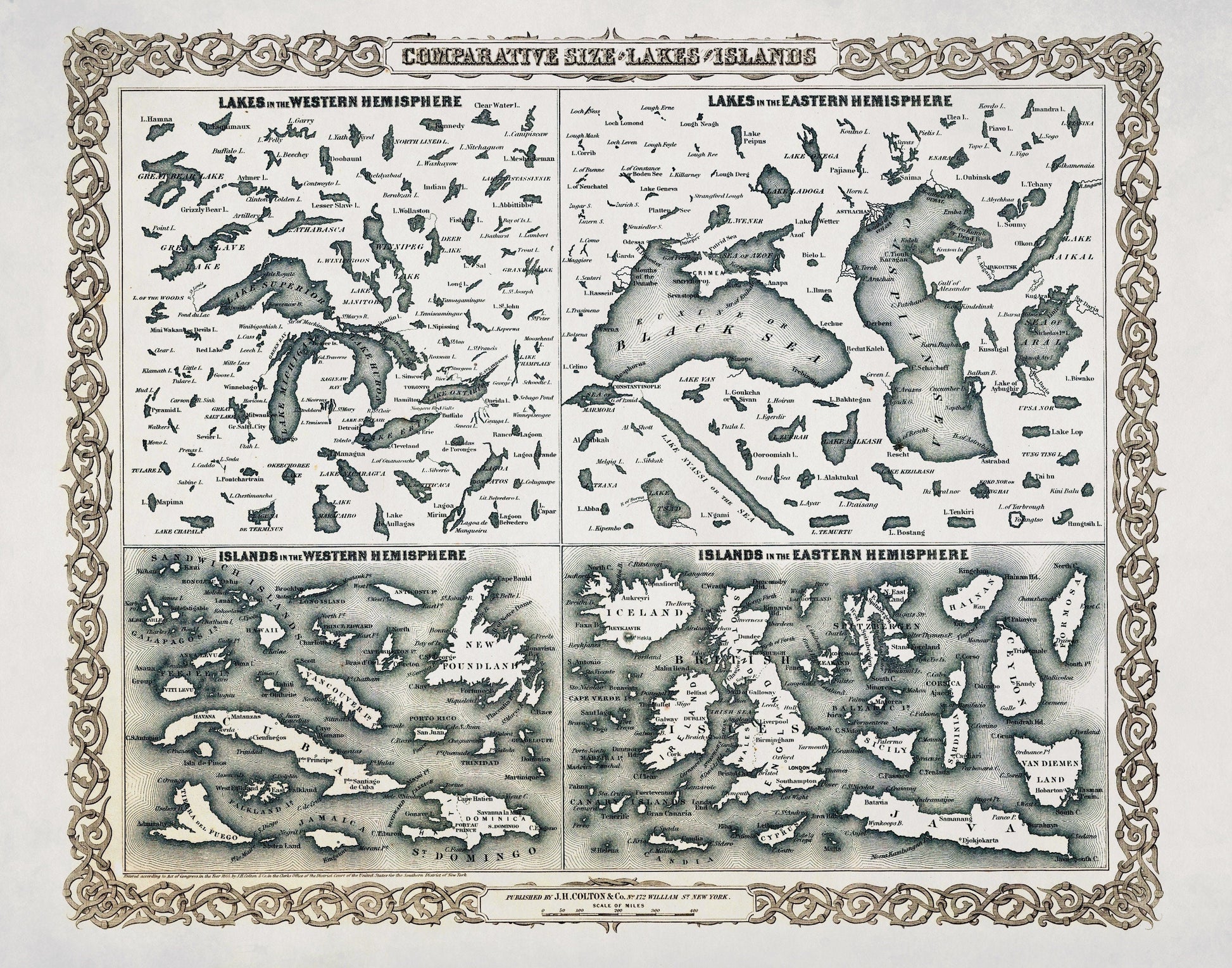Comparative Size of Lakes and Islands in the Western and Eastern Hemispheres Antique Reproduction – antique art print from Ninska Designs