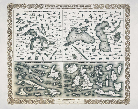 Comparative Size of Lakes and Islands in the Western and Eastern Hemispheres Antique Reproduction – antique art print from Ninska Designs