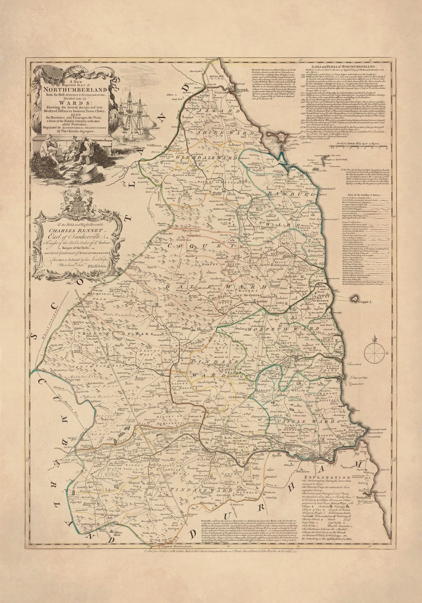 Northumberland Map dated 1760 divided into the wards – antique art print from Ninska Designs