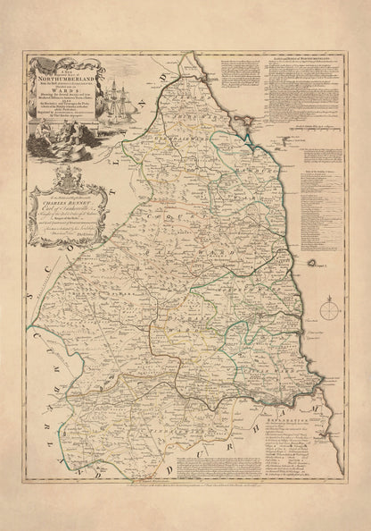 Northumberland Map dated 1760 divided into the wards – antique art print from Ninska Designs