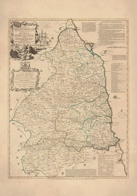 Northumberland Map dated 1760 divided into the wards – antique art print from Ninska Designs