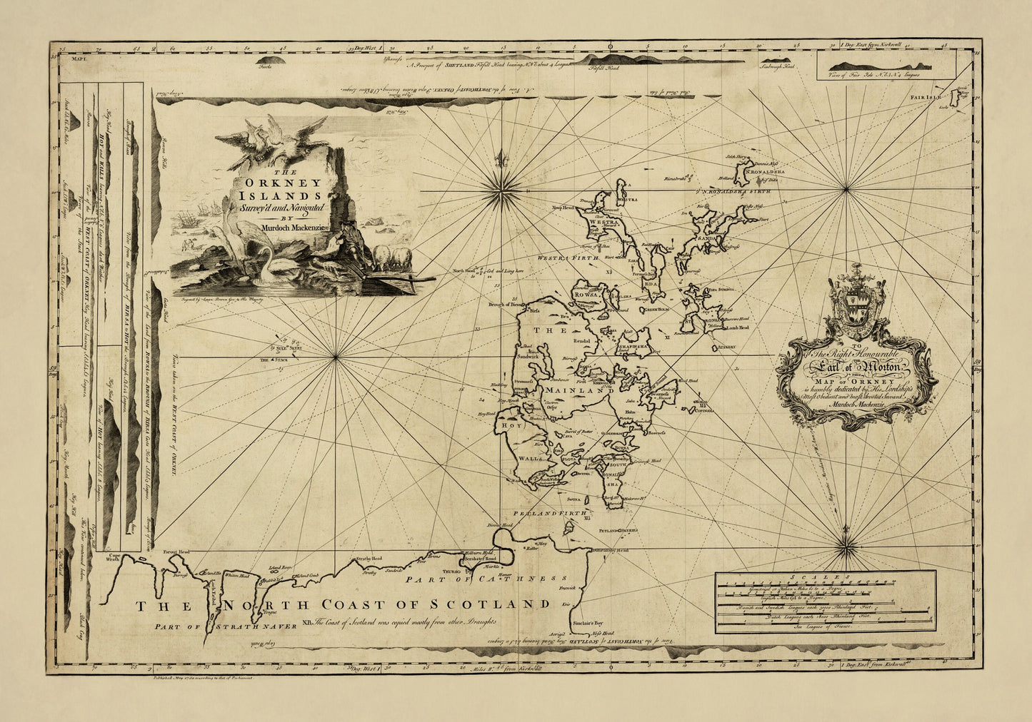 The Orkney Islands surveyed and navigated by Murdoch Mackenzie dated 1750 – antique art print from Ninska Designs