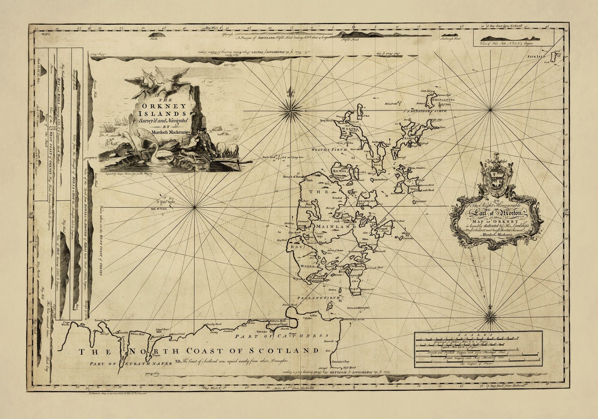 The Orkney Islands surveyed and navigated by Murdoch Mackenzie dated 1750 – antique art print from Ninska Designs