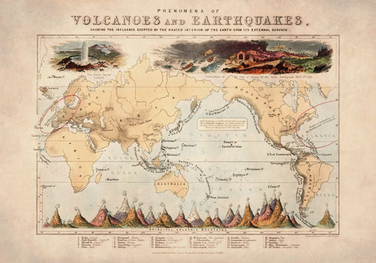 Volcanoes and Earthquakes showing the influence exerted by the heated interior of the Earth – antique art print from Ninska Designs