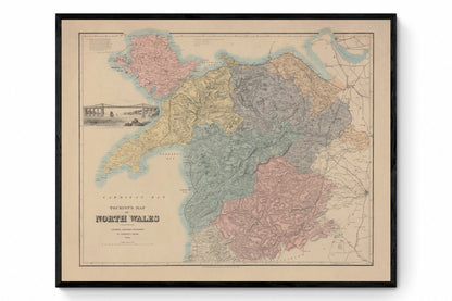 North Wales Map showing Railways, Tramways, Mail Coach Roads, Turnpike Roads - Antique Reproduction - dated 1882 - Available Framed