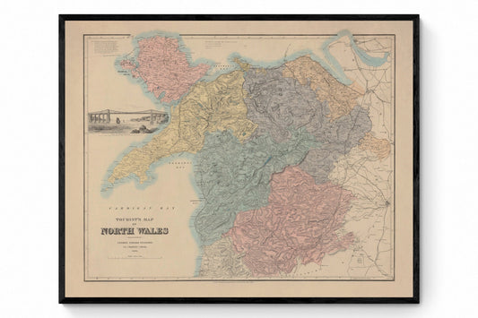 North Wales Map showing Railways, Tramways, Mail Coach Roads, Turnpike Roads - Antique Reproduction - dated 1882 - Available Framed