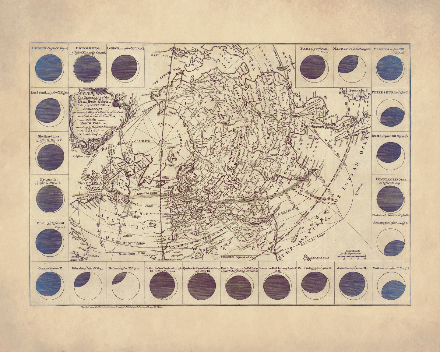 The Geography of the great Solar Eclipse of July 14 1748 – antique art print from Ninska Designs
