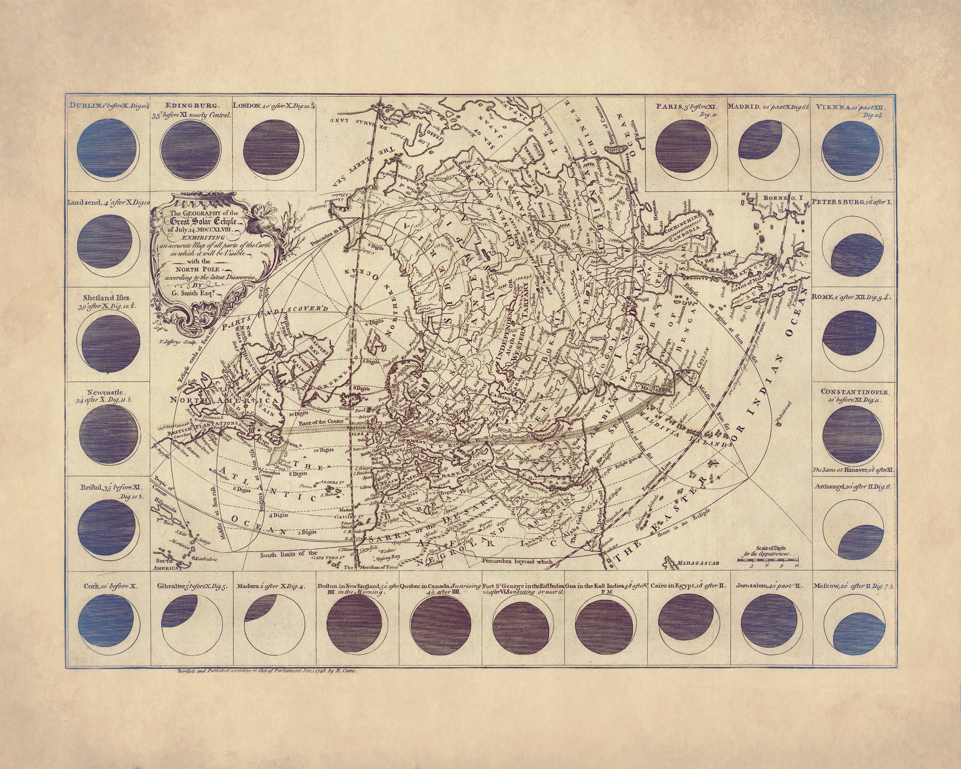 The Geography of the great Solar Eclipse of July 14 1748 – antique art print from Ninska Designs