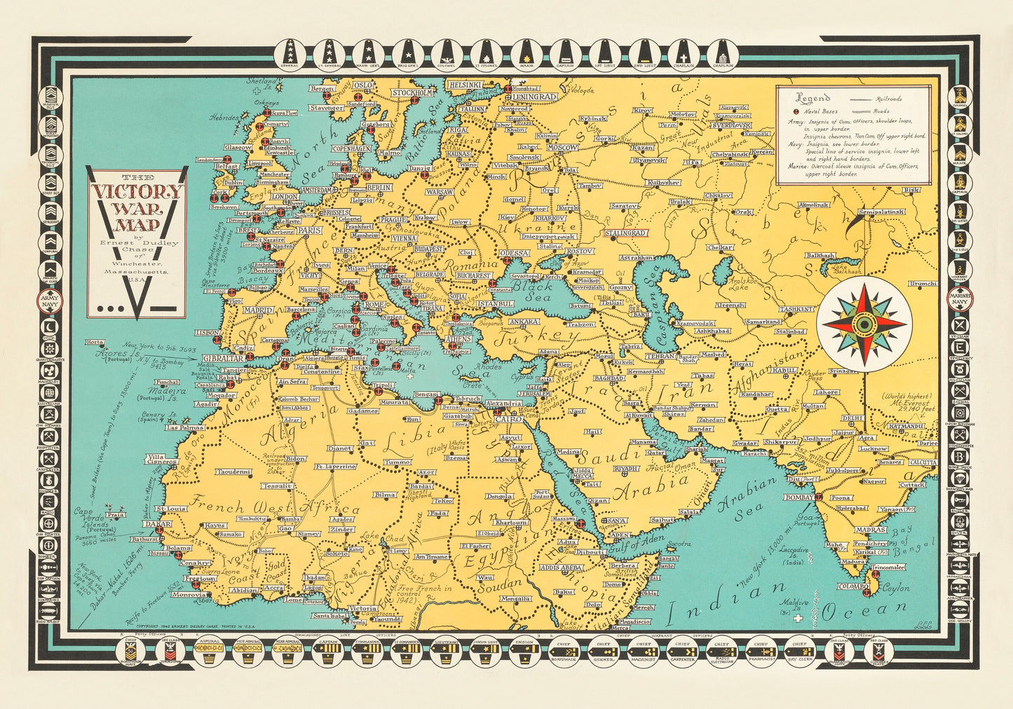 Victory War Map showing Naval Bases and Army, Navy and Marine Insignia – antique art print from Ninska Designs