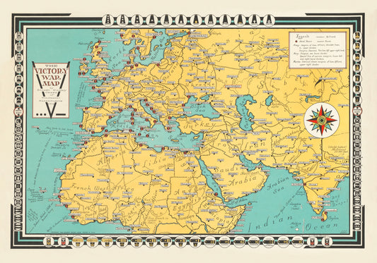 Victory War Map showing Naval Bases and Army, Navy and Marine Insignia – antique art print from Ninska Designs