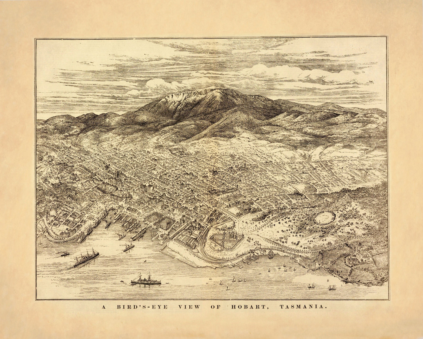 Hobart, Tasmania Birds Eye View Ma – antique art print from Ninska Designs