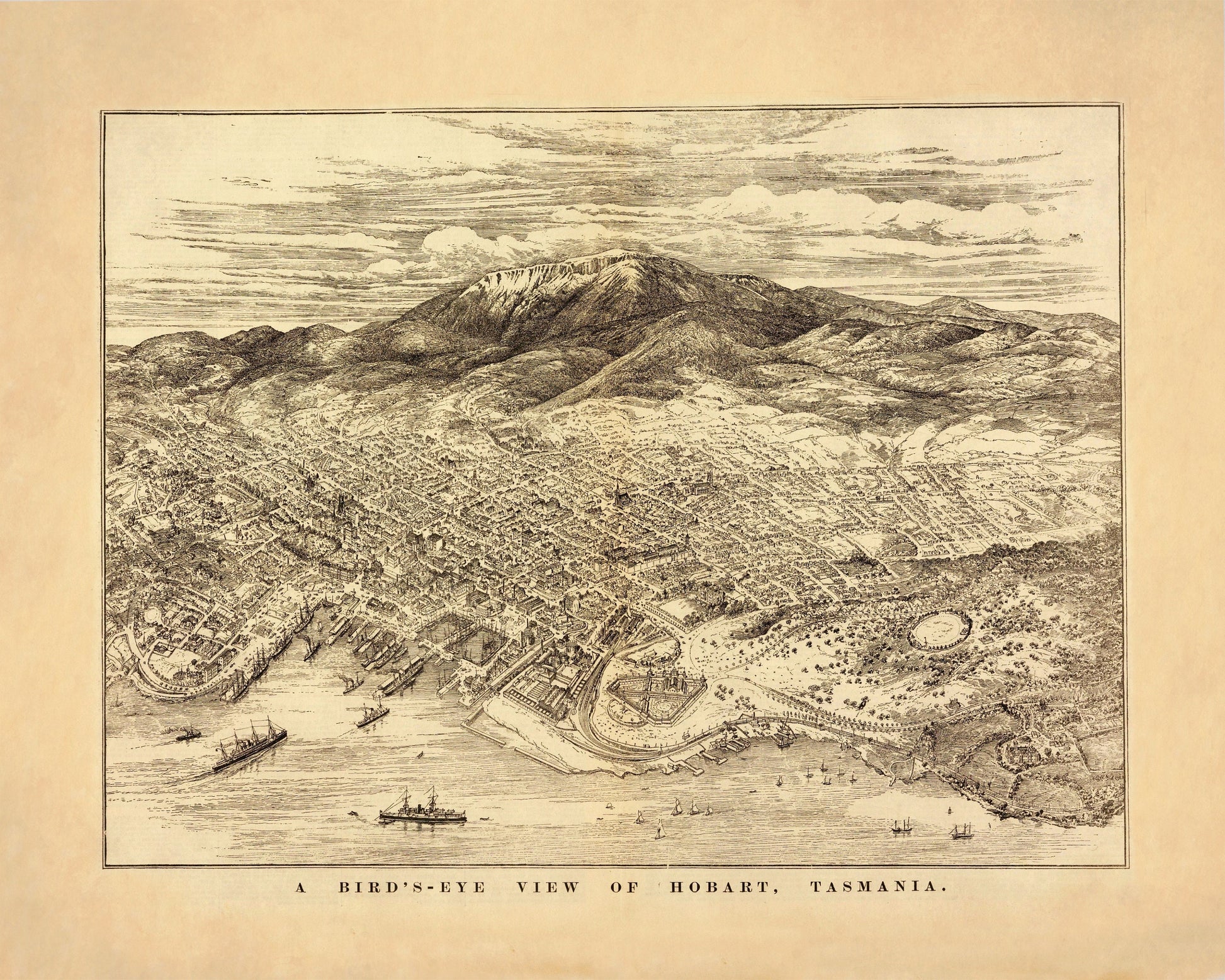Hobart, Tasmania Birds Eye View Ma – antique art print from Ninska Designs