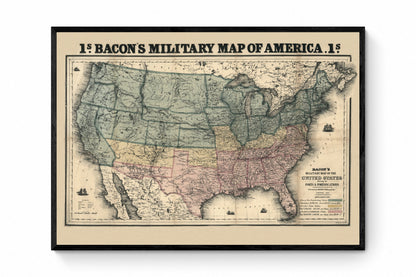 Bacon's Military Map of the United States dated 1862 - Forts and Fortifications - Civil War - Antique Reproduction - Available Framed