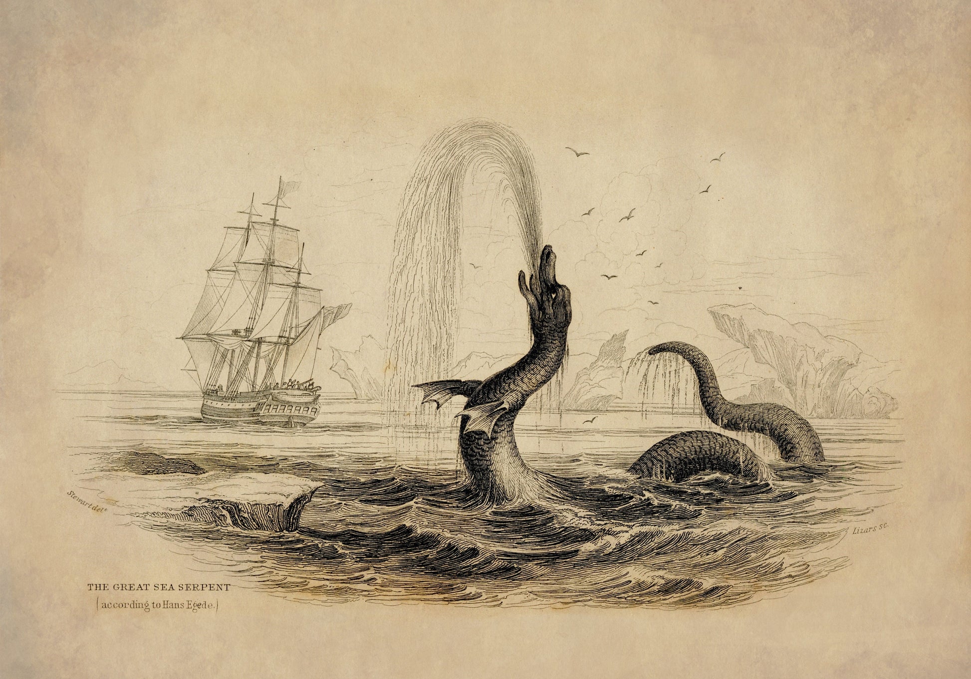 The Great Sea Serpent (according to Hans Egede) Print dated 1839 1839 – antique art print from Ninska Designs