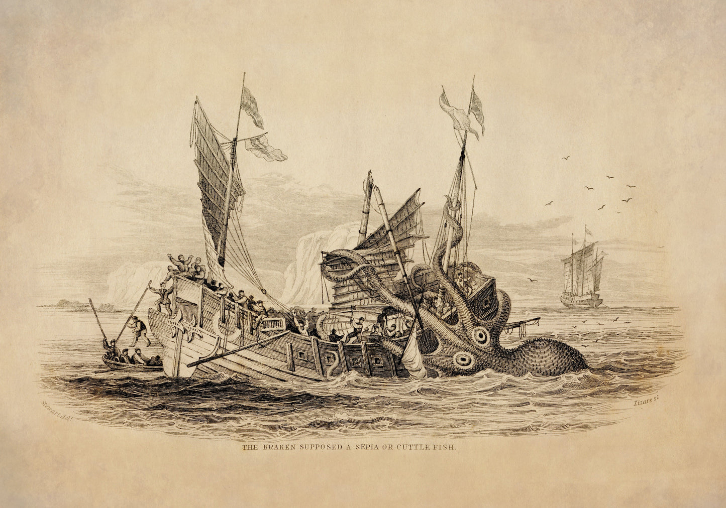 Kraken attacking Ship Print dated 1839 1839 – antique art print from Ninska Designs