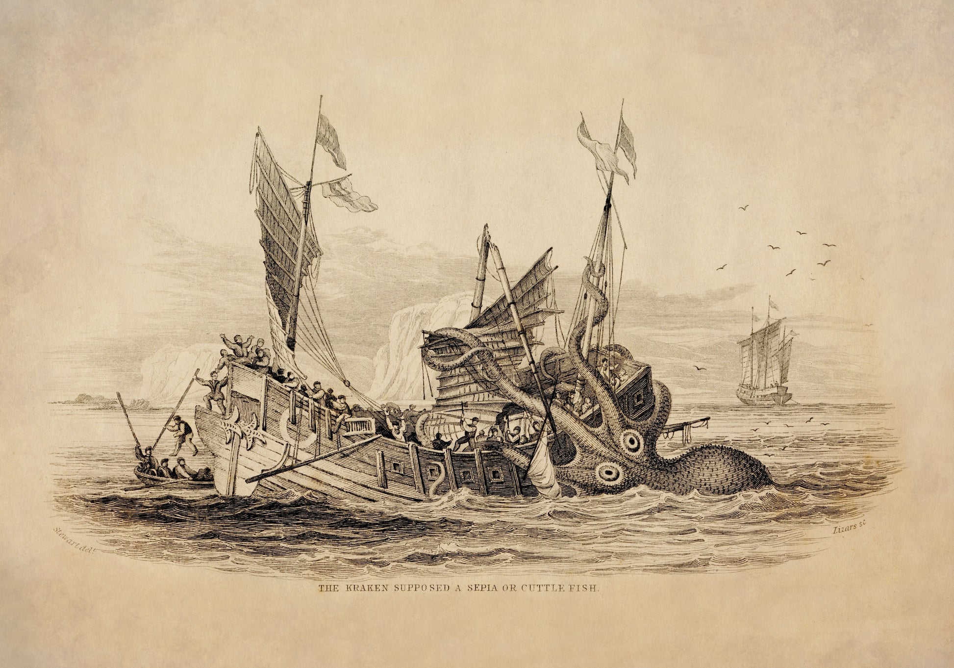 Kraken attacking Ship Print dated 1839 1839 – antique art print from Ninska Designs