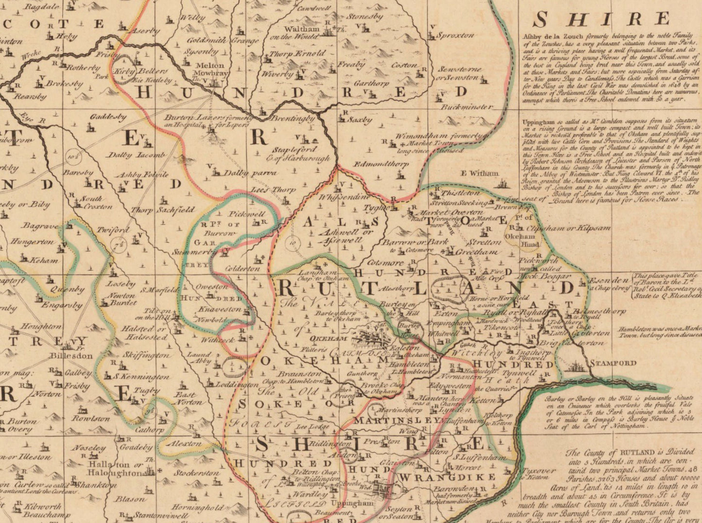 Leicester and Rutland Map dated 1760 - Antique Reproduction - Emanuel Bowen - Detailed County Map - Available Framed