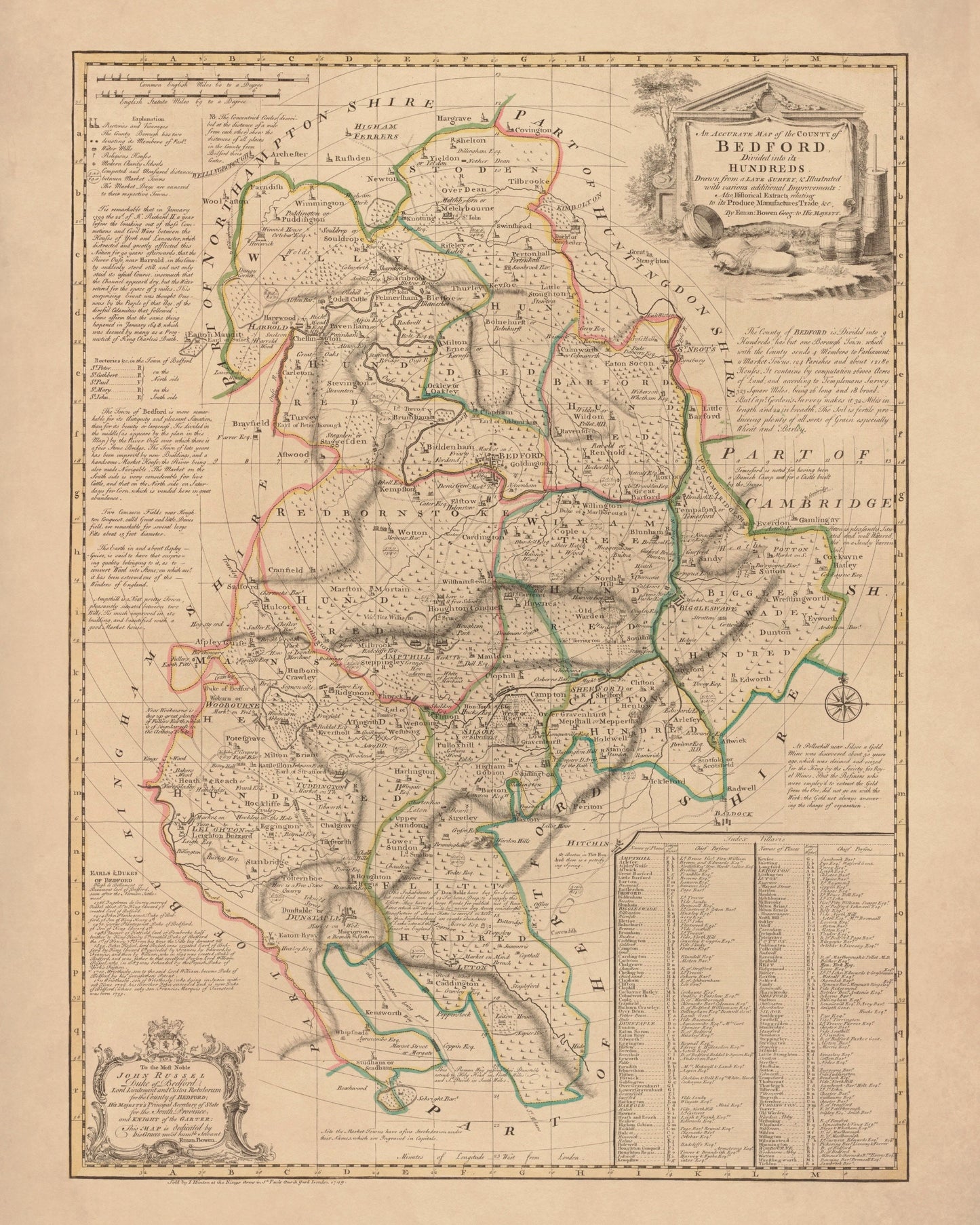 Bedfordshire Map dated 1749 – antique art print from Ninska Designs