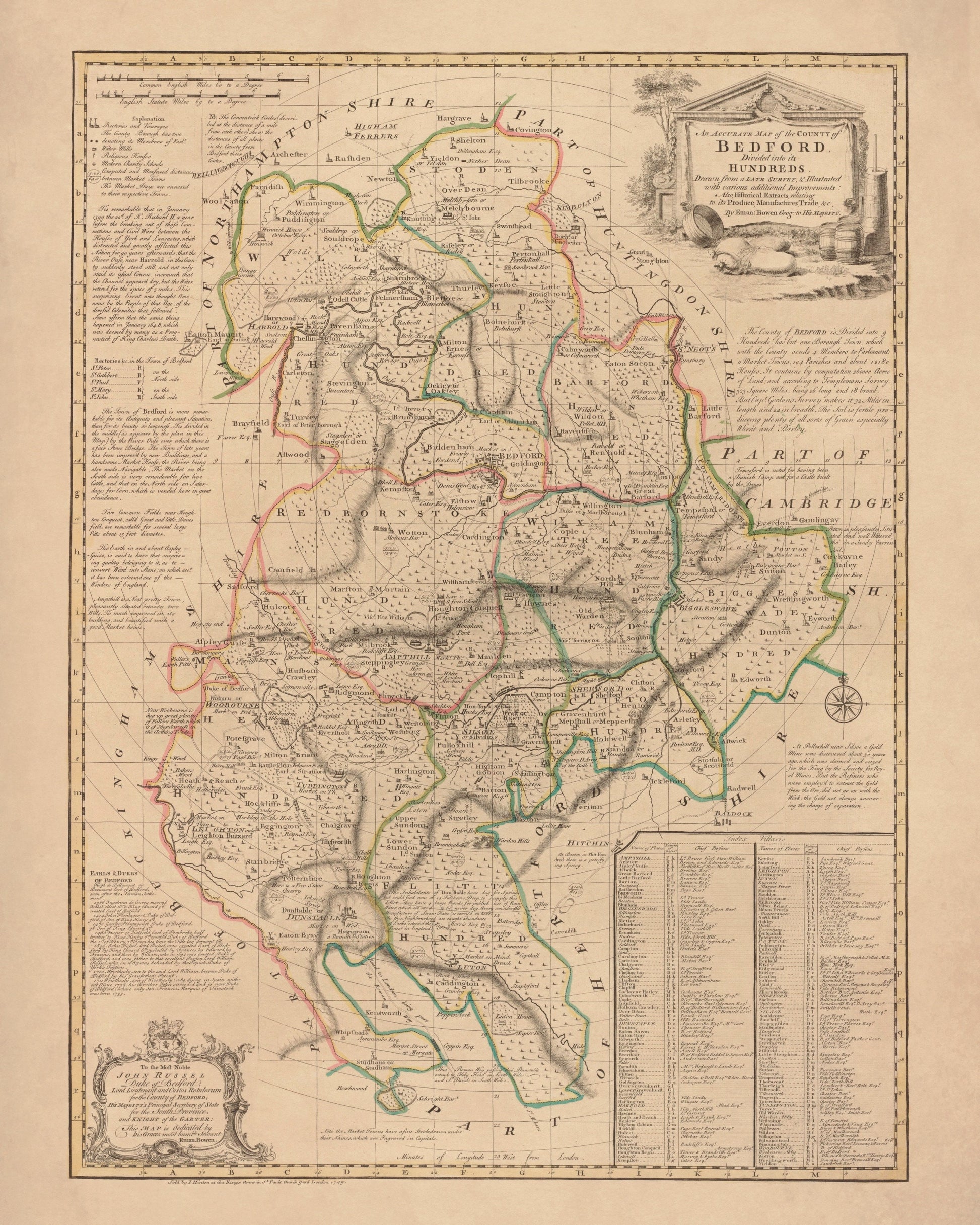 Bedfordshire Map dated 1749 – antique art print from Ninska Designs