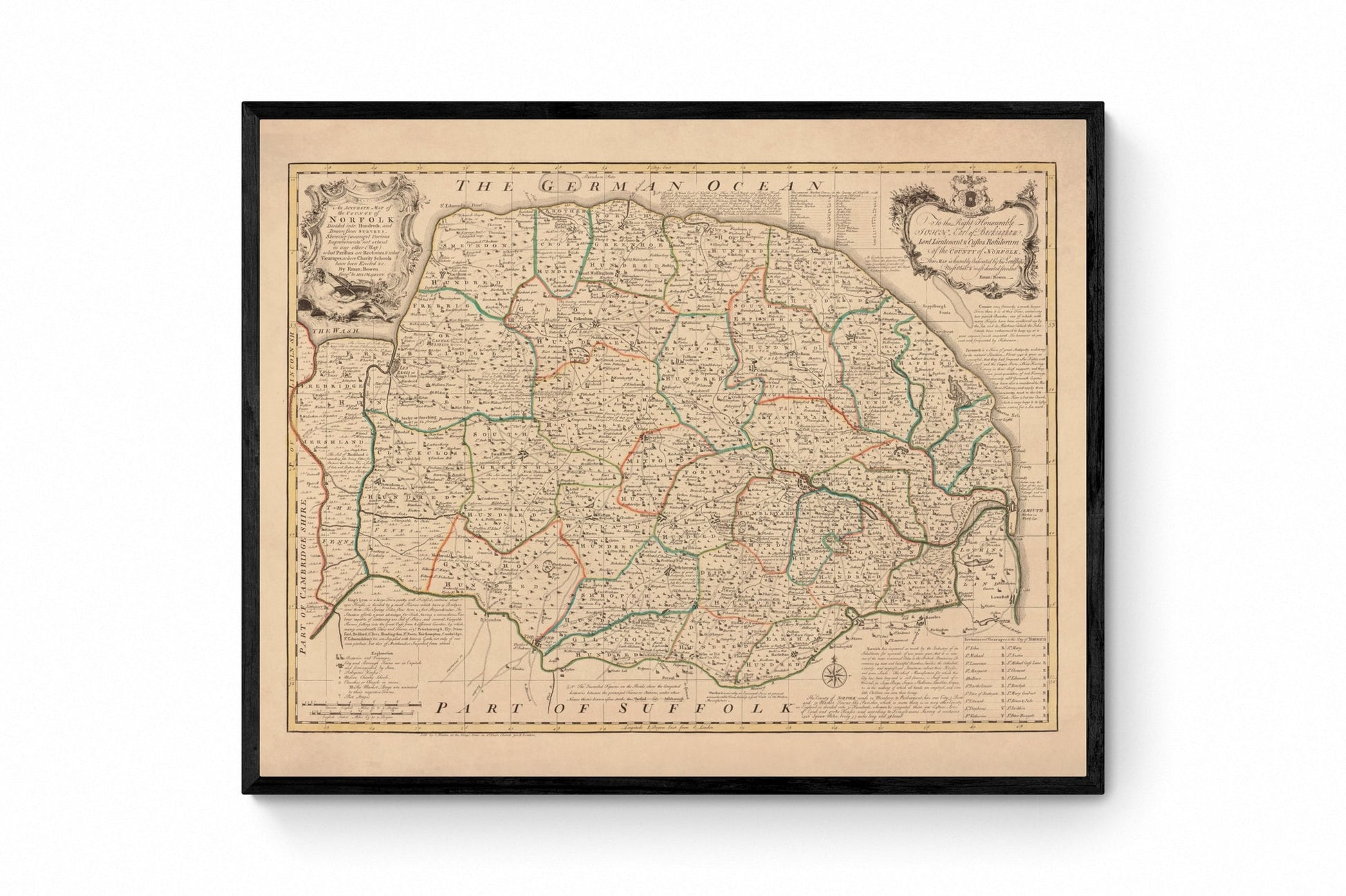 Norfolk Map dated 1749 - Antique Reproduction - Emanuel Bowen - Detailed County Map - Available Framed