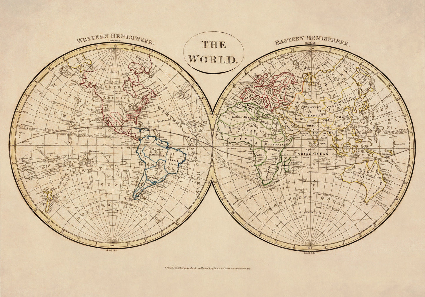 The World in Hemispheres Map dated 1799 – antique art print from Ninska Designs