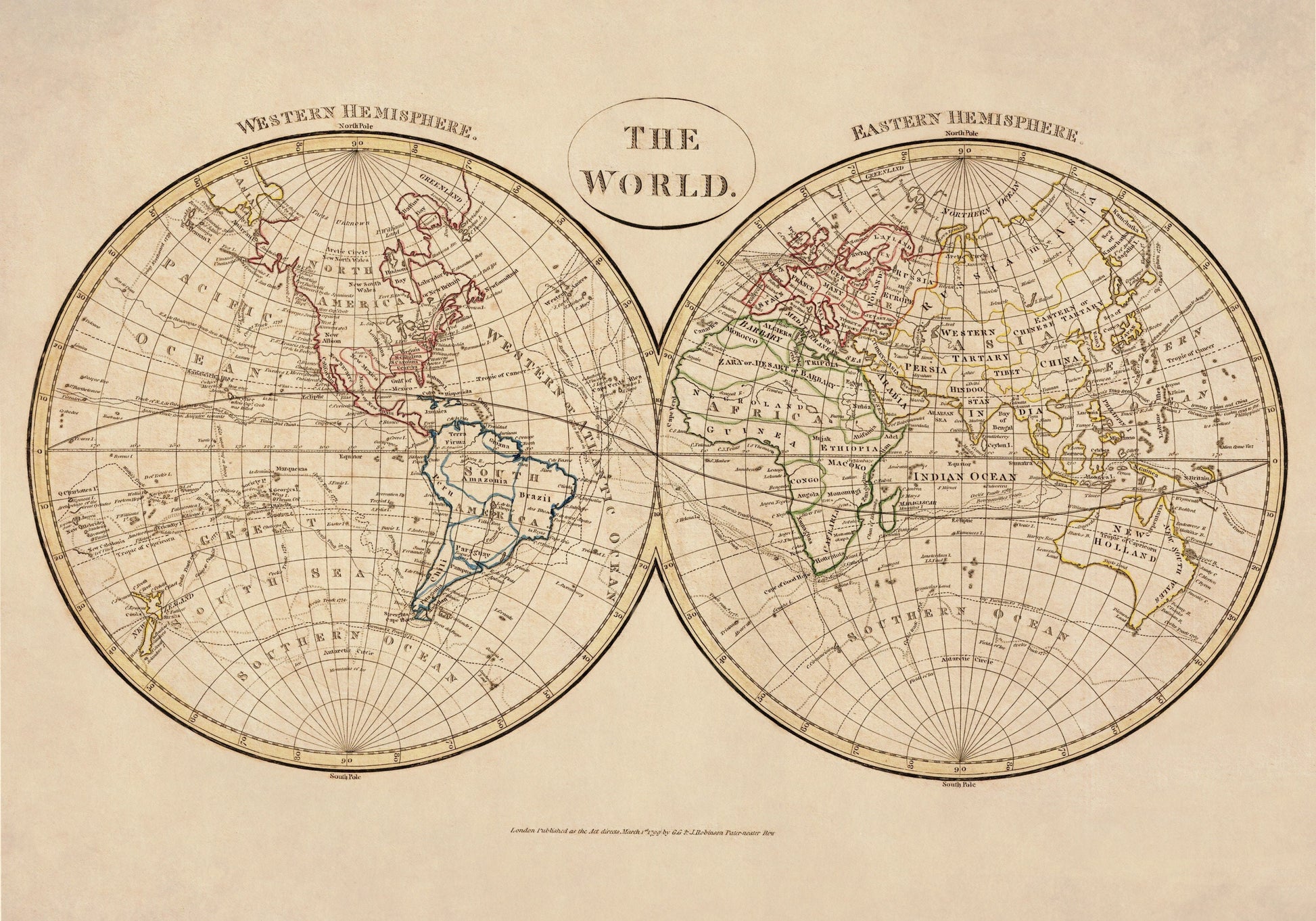 The World in Hemispheres Map dated 1799 – antique art print from Ninska Designs