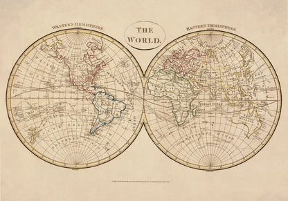 The World in Hemispheres Map dated 1799 – antique art print from Ninska Designs