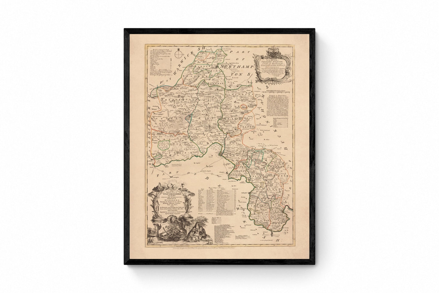 Oxfordshire Map dated 1750 - Antique Reproduction - Emanuel Bowen - Detailed County Map - Available Framed