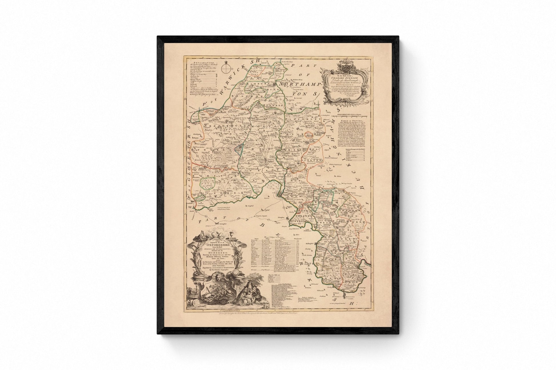 Oxfordshire Map dated 1750 - Antique Reproduction - Emanuel Bowen - Detailed County Map - Available Framed